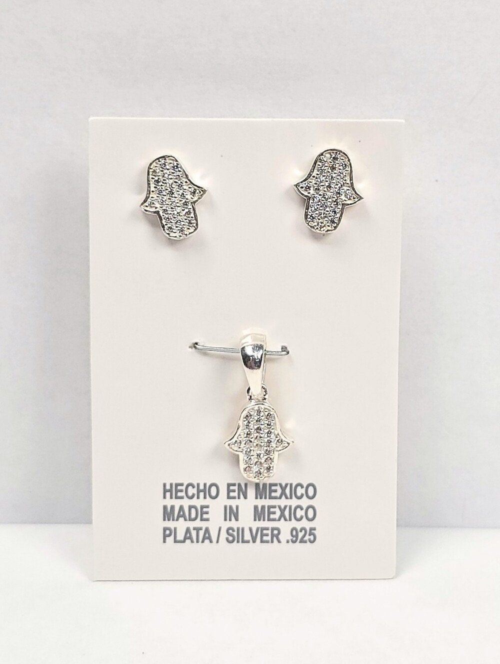 925 Sterling Silver Hamsa Hand Jewelry Set Pendant Necklace & CZ Stud Earrings